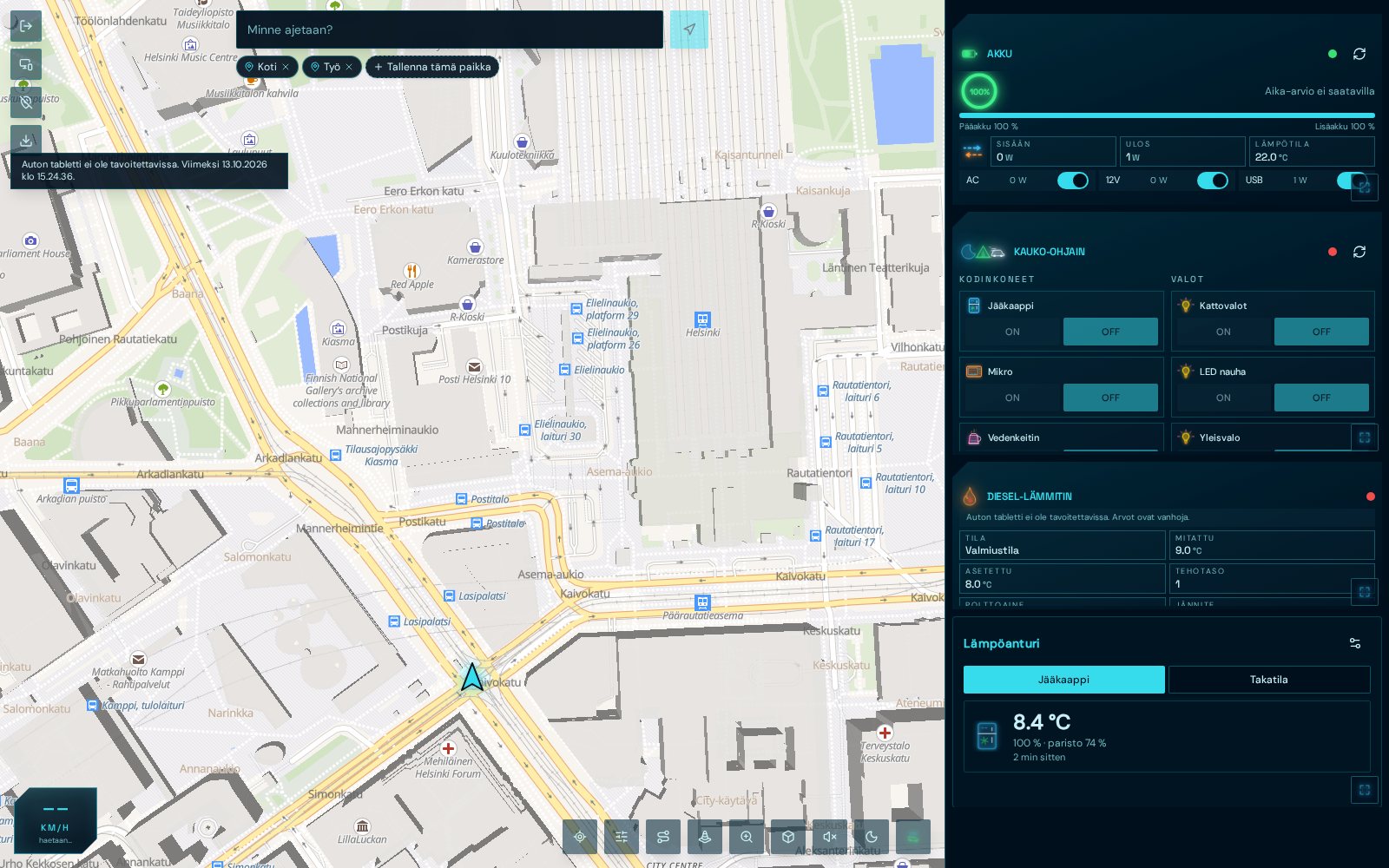 Main panel view: map, battery, remote control and heater